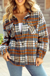 Plaid Collared Neck Jacket with Chest Pockets Brown OutfitFlow